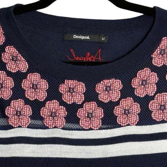 Desigual Womens Navy Long Sleeve Sweater Top Floral Striped Size M Boho Chic - Picture 8 of 13